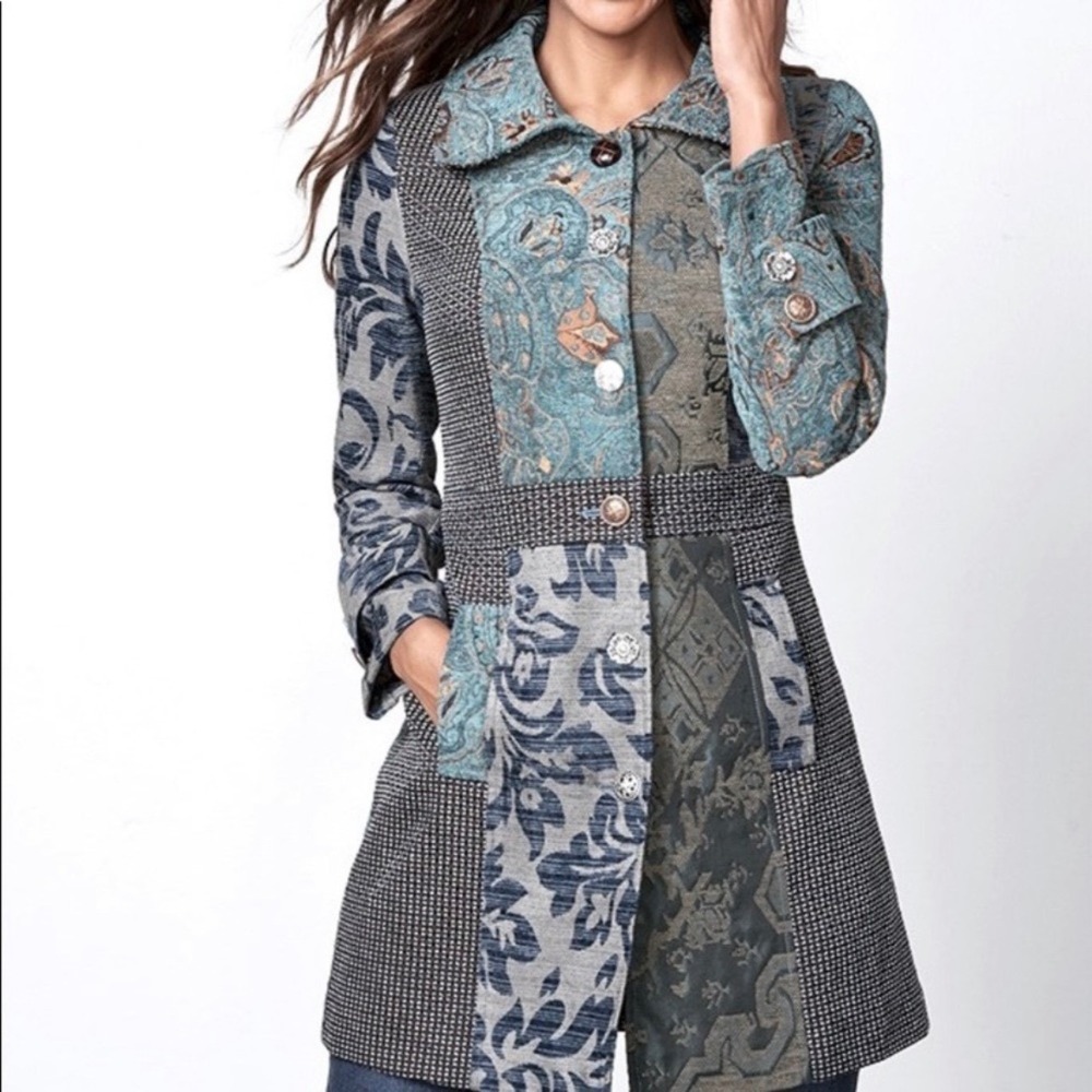 VENUS Patchwork Printed Mixed-Pattern Coat in Blue/Grey/Teal